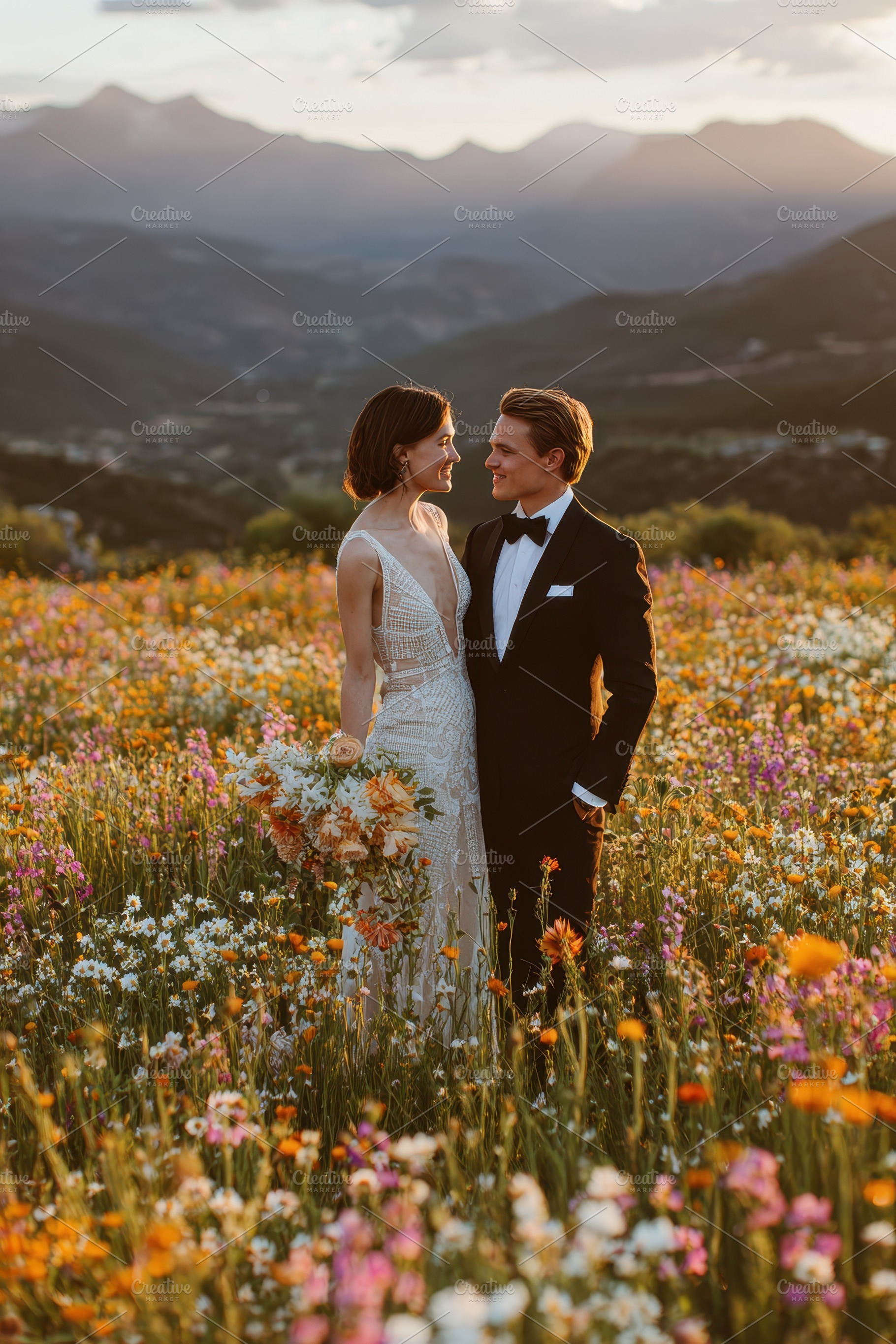 Bride and groom in a wildflower mead, a Photo by Pixeness Studio