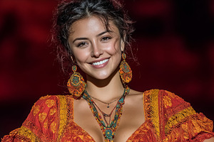 Smiling woman in vibrant traditional attire with ornate jewelry, a Photo by AS photostudio