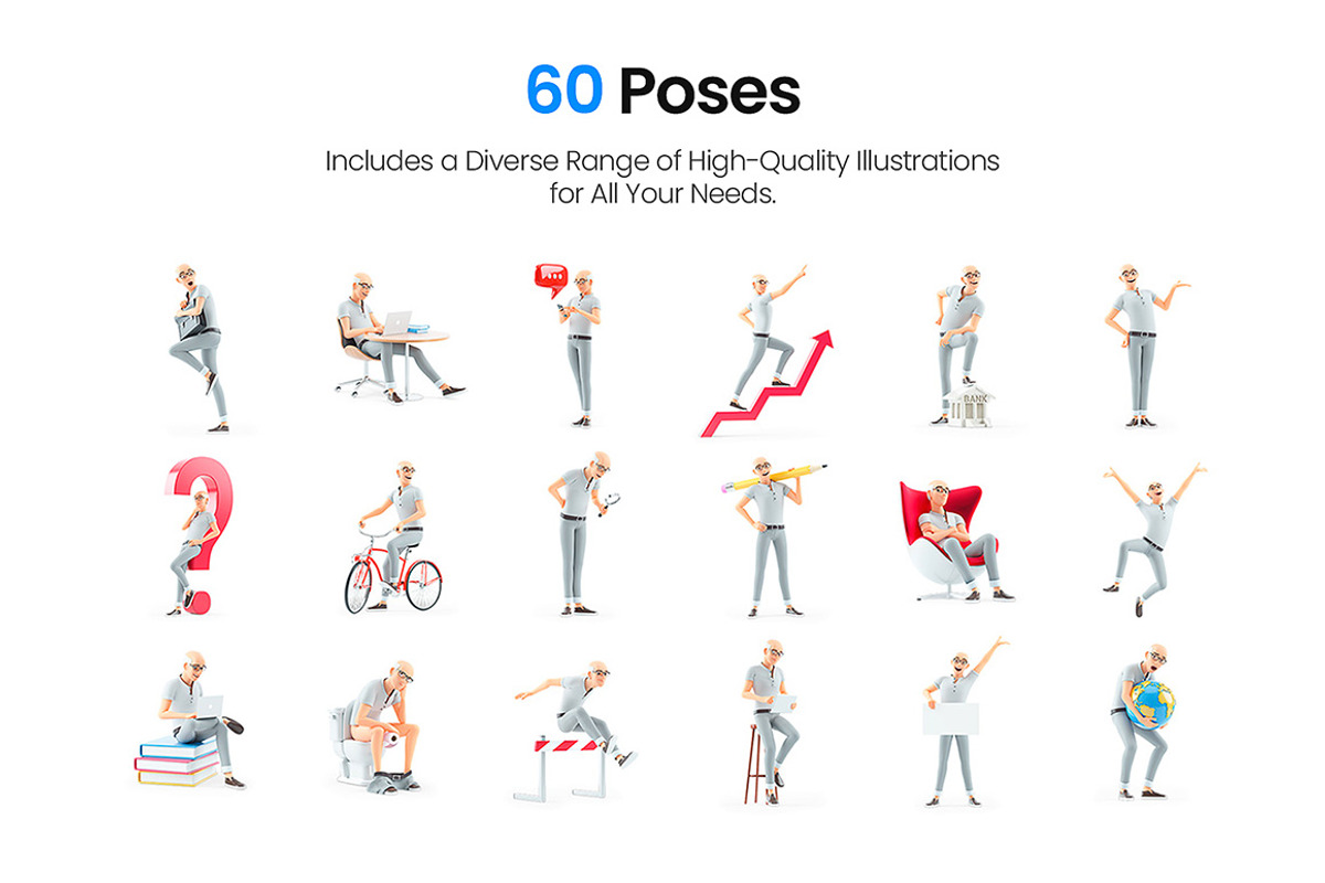 Senior Man – Set of 60 Poses, a Person Illustration by 3DMask (Photo 3 of 6)