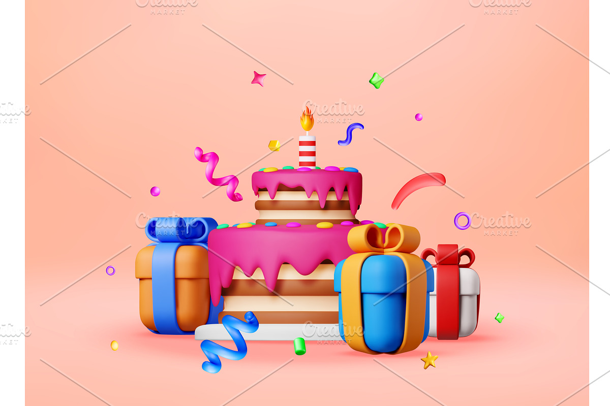3d Layered birthday cake with gift, an Object Illustration by Abscent