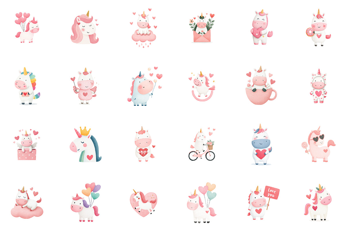 Watercolor Unicorn Valentines Clipar, an Illustration by Sublimation Artist (Photo 2 of 6)