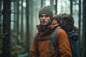 A young forester man in a brown jacket and beanie stands in a misty forest, car, a Person Photo by Textures & Backgrounds