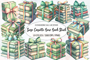 Sage Coquette Bow Book Stack Clipart, an Illustration by Designworld