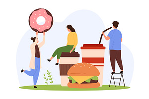 Fast food eating and delivery, tiny, a Food Illustration by Flashvector
