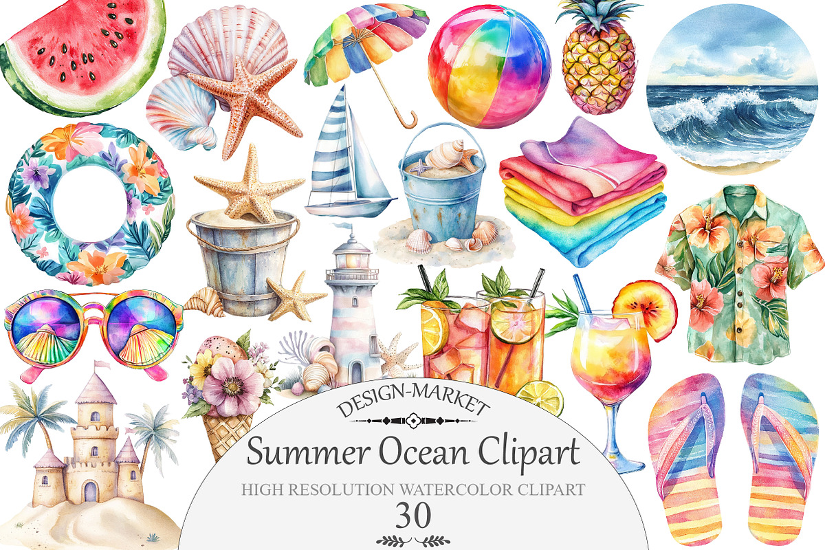 Watercolor Summer Ocean Clipart, an Illustration by Design Market (Photo 1 of 4)