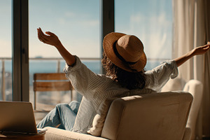 Woman relaxing in armchair enjoying, a Photo by Pixeness Studio