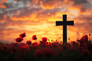 Cross silhouette among red poppies, a Photo by Pavel_design