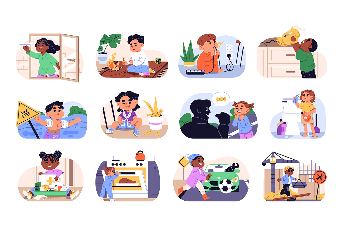 Kids danger and safety concept set, a Person Illustration by PaperTrident (Photo 1 of 13)