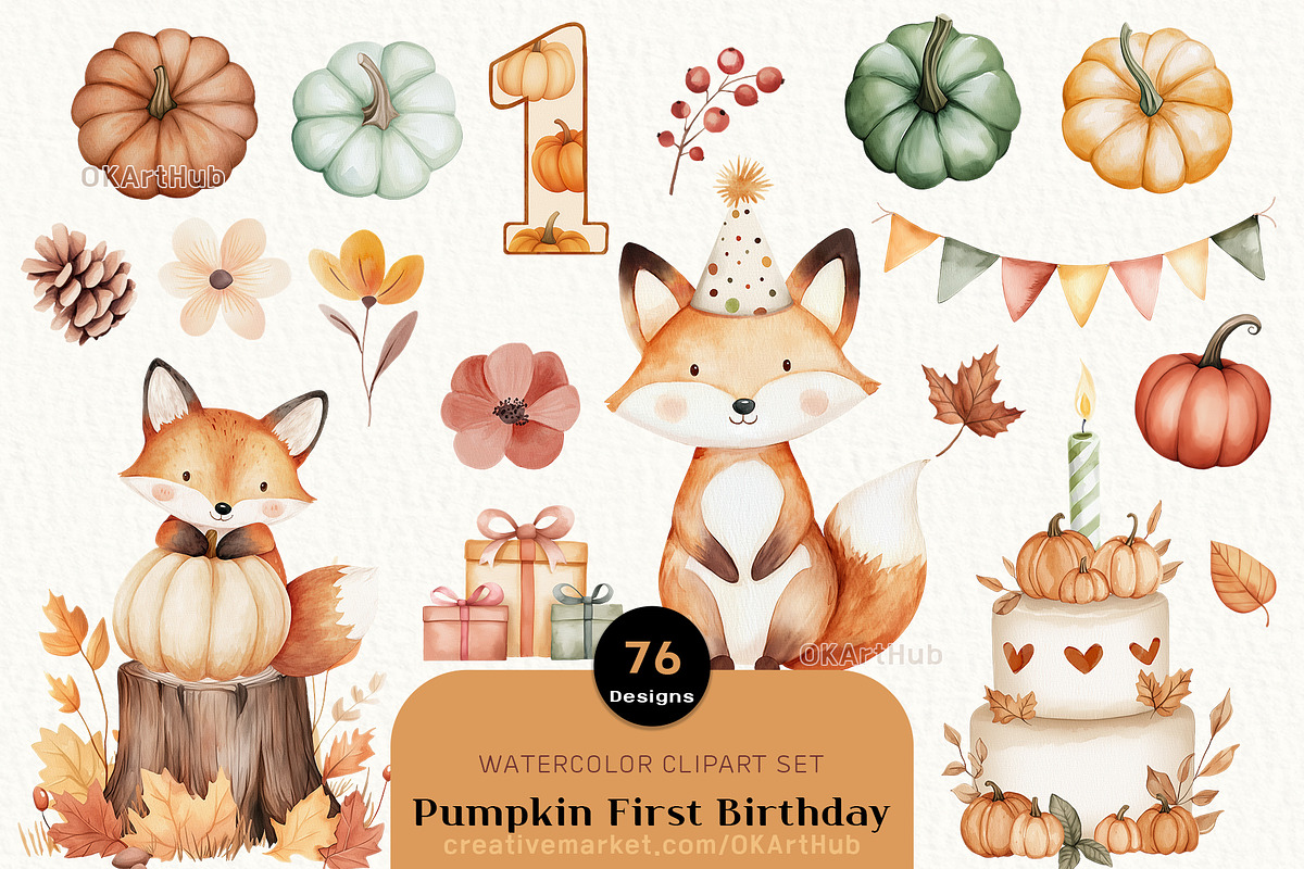 Autumn Pumpkin Birthday Clipart, a Decorative Illustration by OKArtHub (Photo 1 of 9)