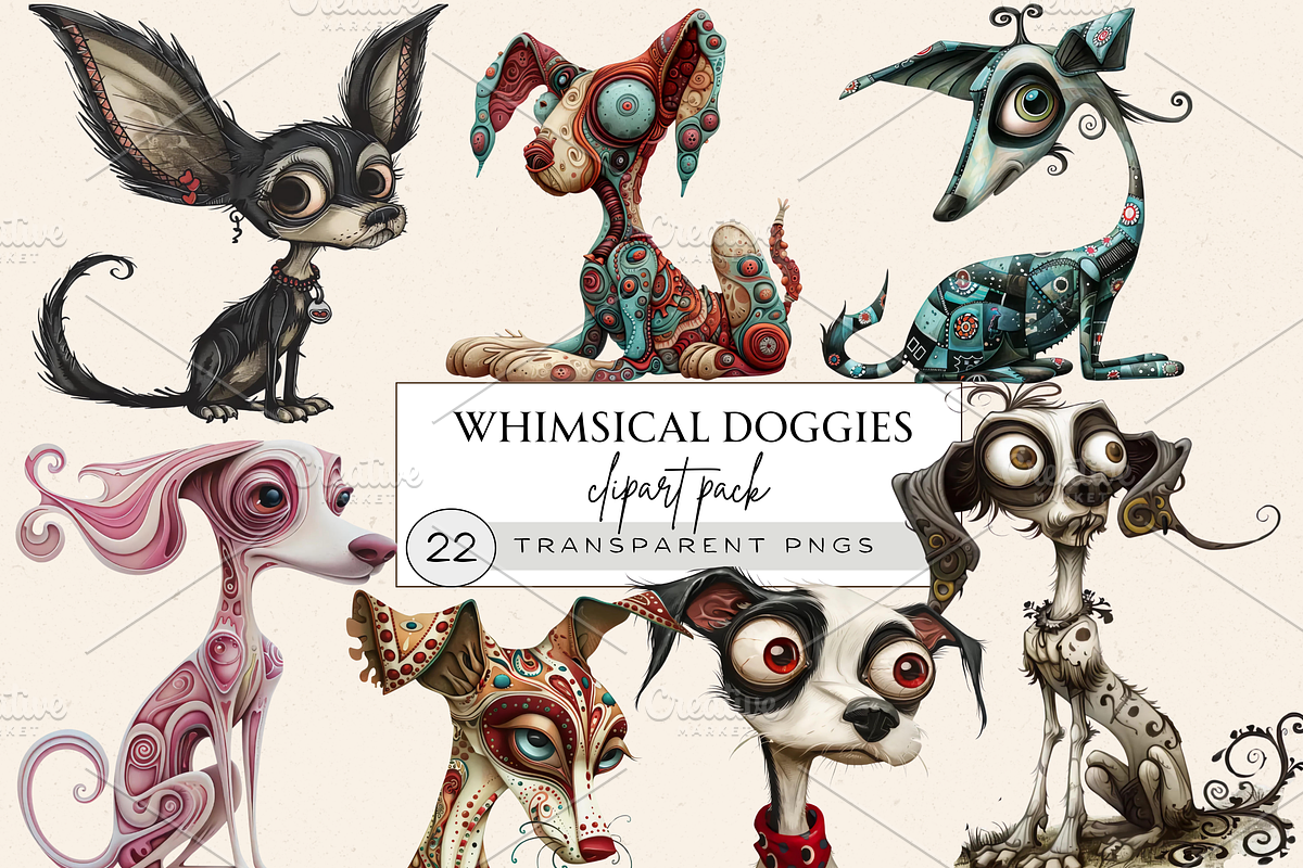 WHIMSICAL SURREAL DOGS CLIPART PACK, an Animal Illustration by Daring Digies (Photo 1 of 8)