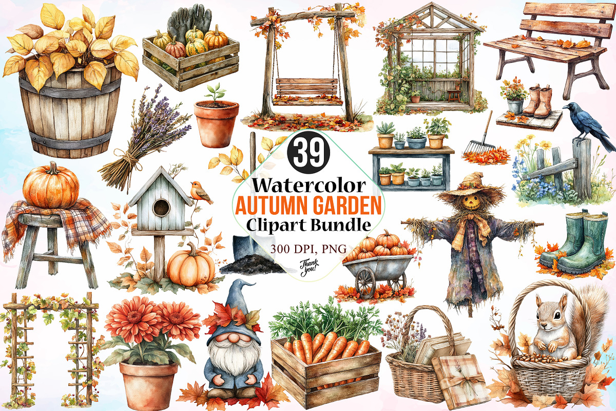 Watercolor Autumn Garden Clipart PNG, an Illustration by Canvas Craft (Photo 1 of 3)