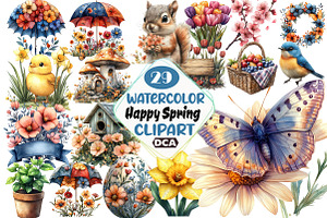 Happy Spring ,Watercolor Clipart, an Illustration by DreamCafeArt