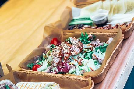 Salad and tortillas take away urban outdoor cafe, a Food & Drink Photo by Dvoevnore photos
