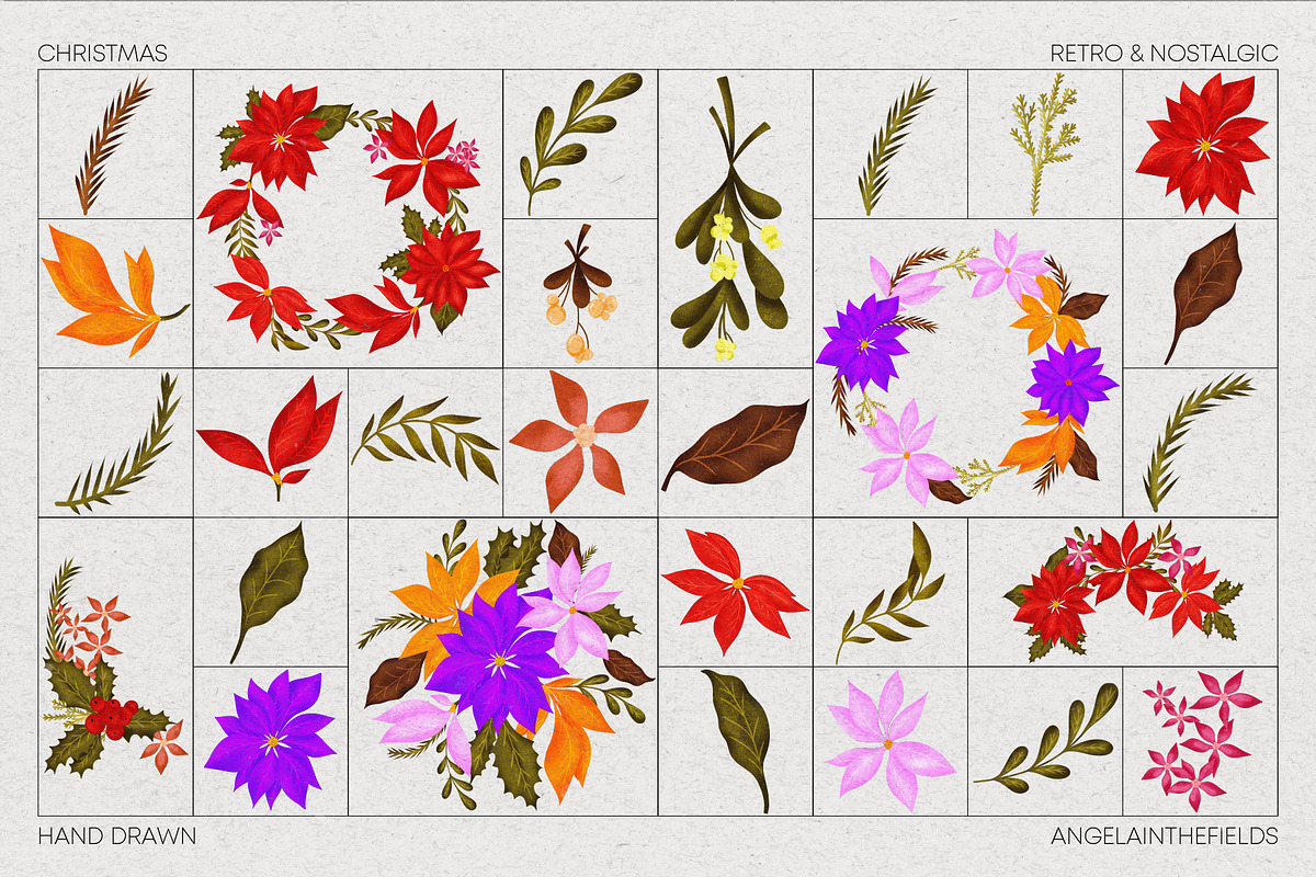 Retro Christmas Floral Set, an Illustration by angelainthefields (Photo 4 of 7)