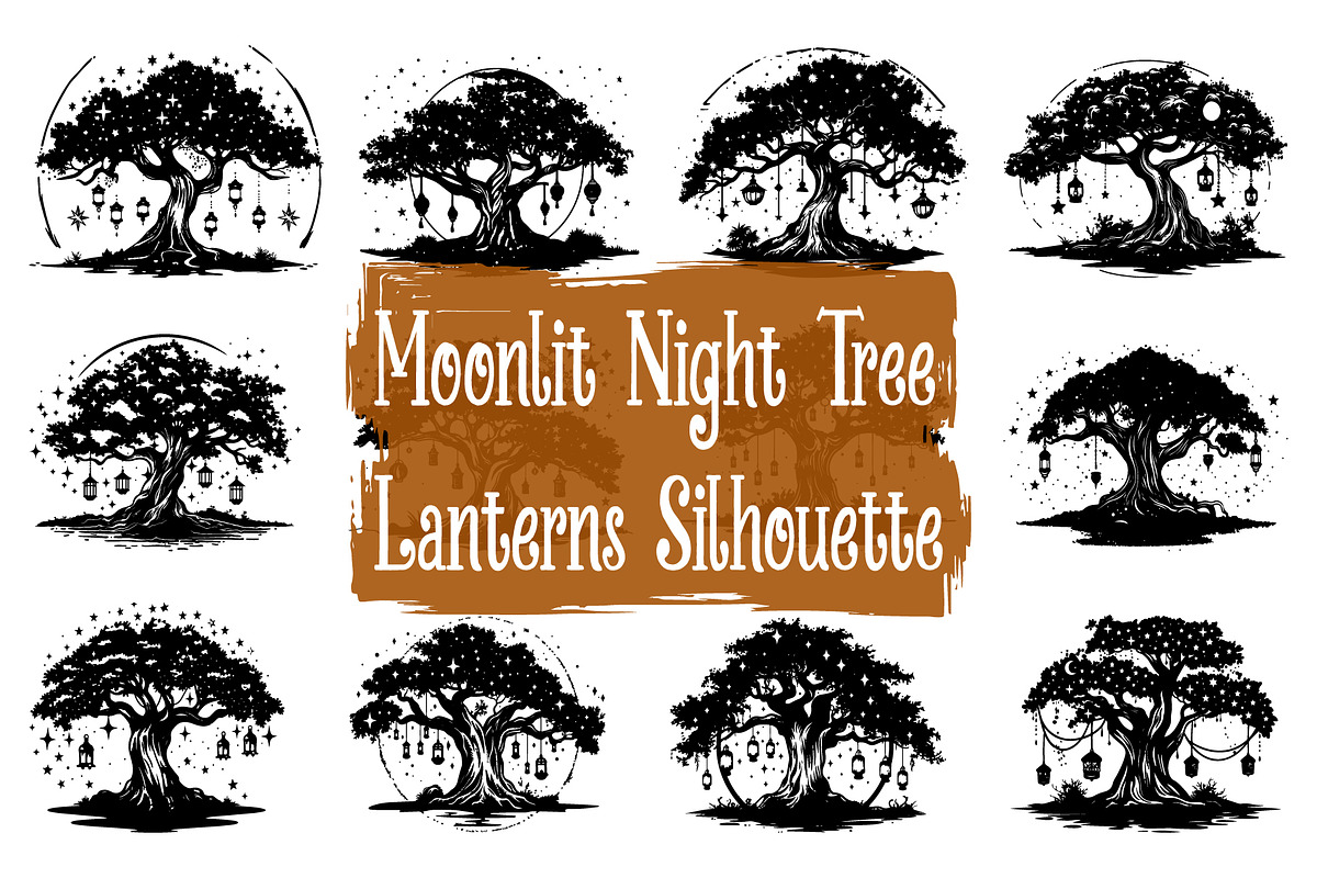 Moonlit Dream Tree Silhouette Pack, an Illustration by hafijul