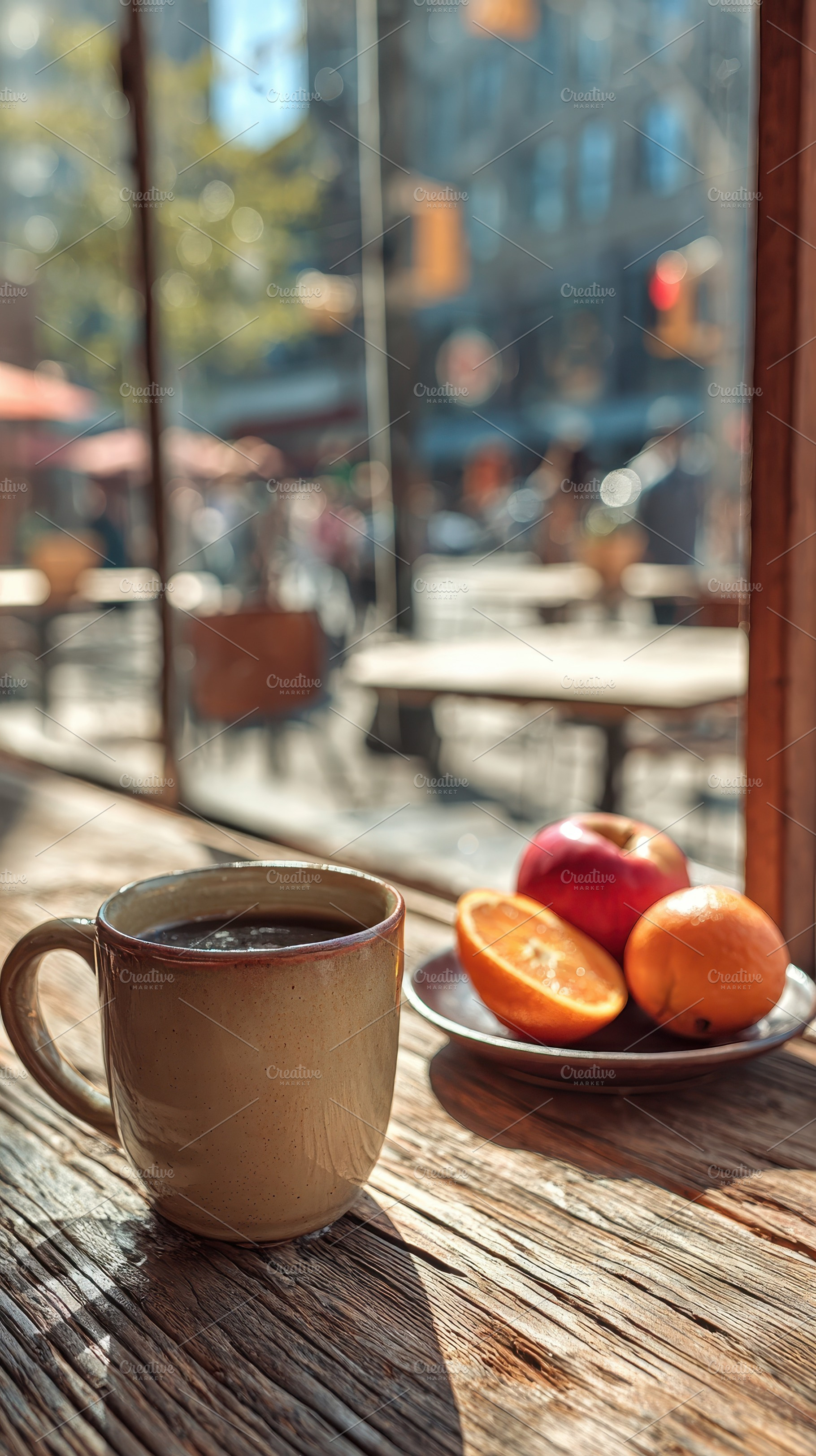 Coffee break city view mug fruit sun, a Photo by Pixeness Studio
