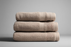 Stack of three folded beige towels, a Beauty & Fashion Photo by Virgo Studio