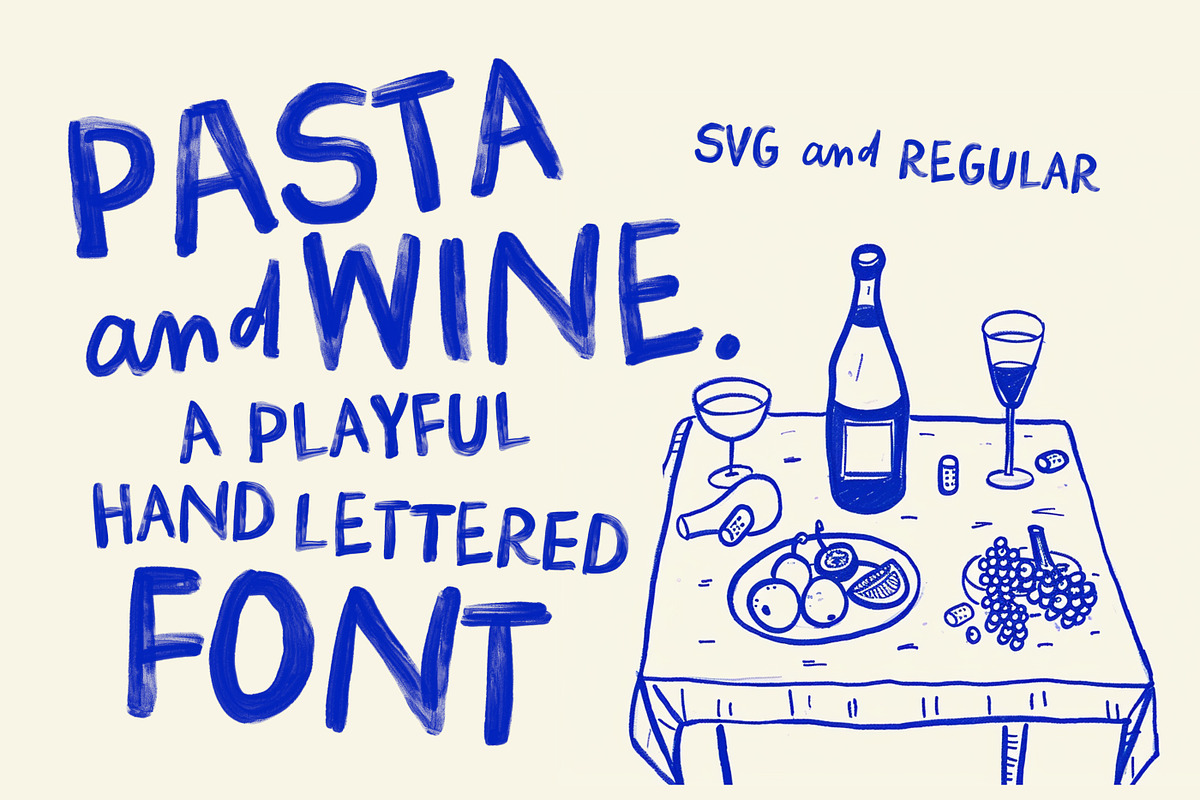 Pasta and Wine Bitmap SVG Font, a Handwritten Font by Nicky Laatz (Photo 1 of 12)