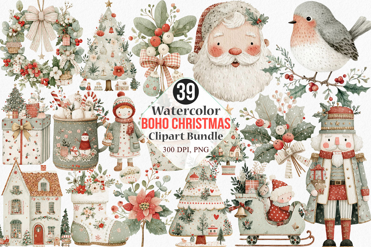 Watercolor Boho Christmas Clipart, an Illustration by Canvas Craft (Photo 1 of 8)