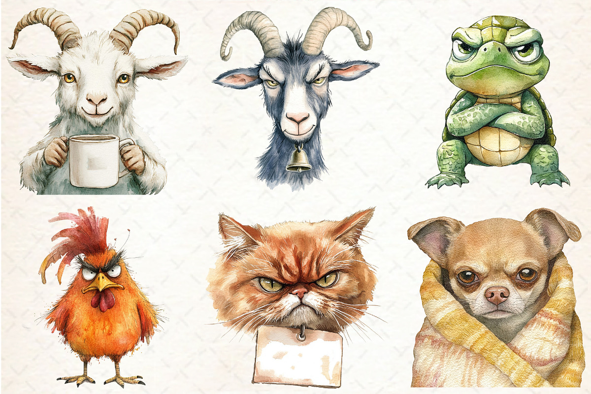 Watercolor Grumpy Animals Clipart, an Illustration by Libby Wishes (Photo 4 of 6)