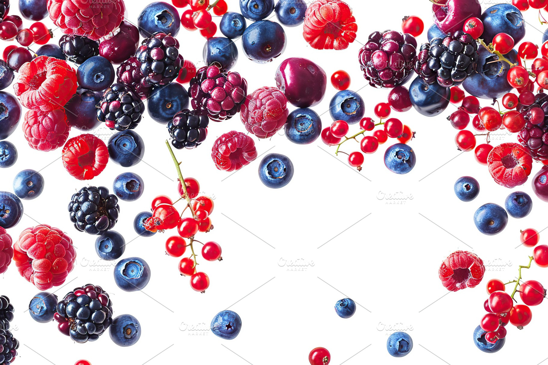 Different ripe berries flying in the air on white background, a Food & Drink Photo by AlyaAnd