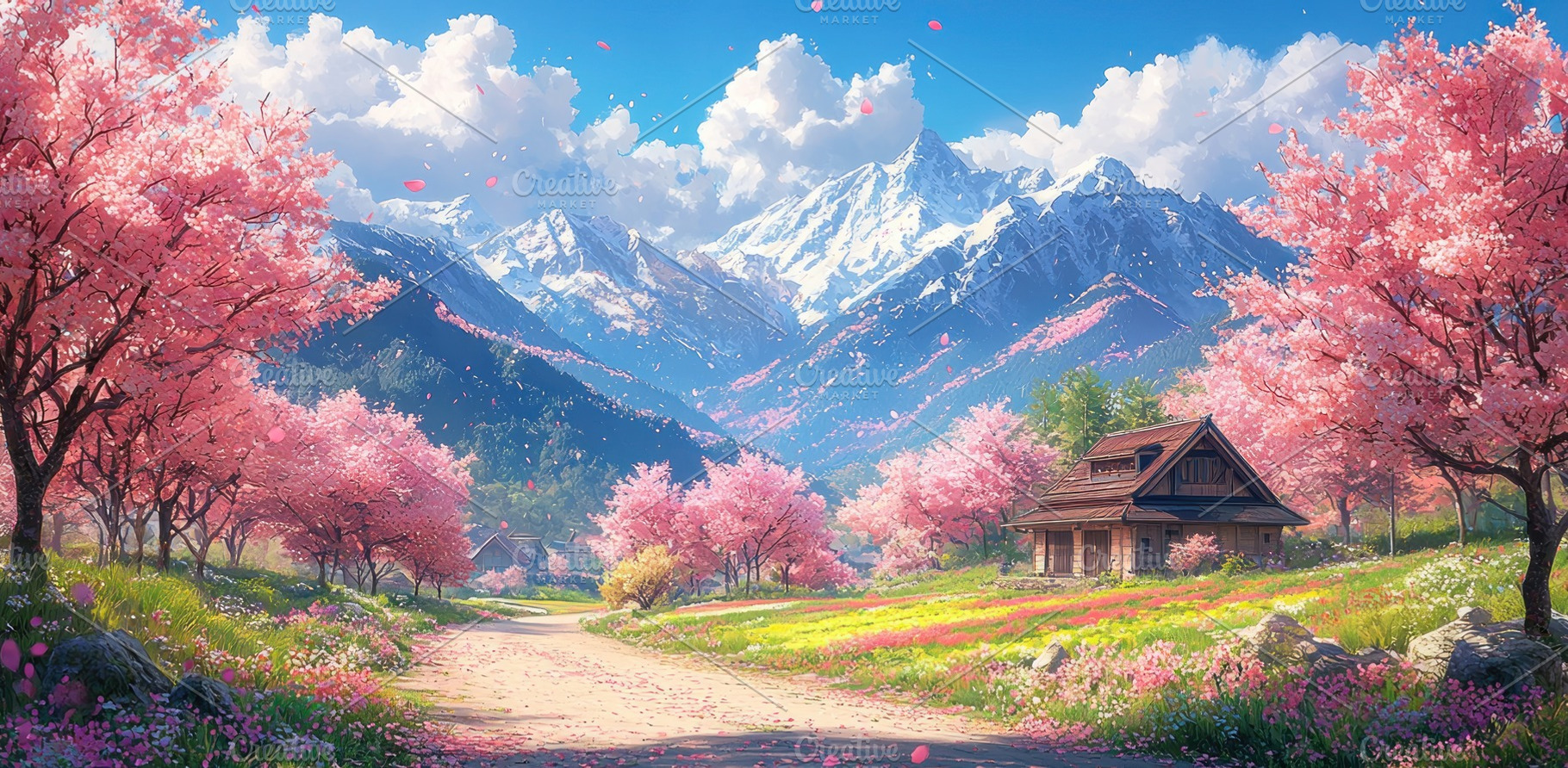 Traditional wooden house in a vibrant spring valley with cherry, a Person Photo by José Manuel Gelpi