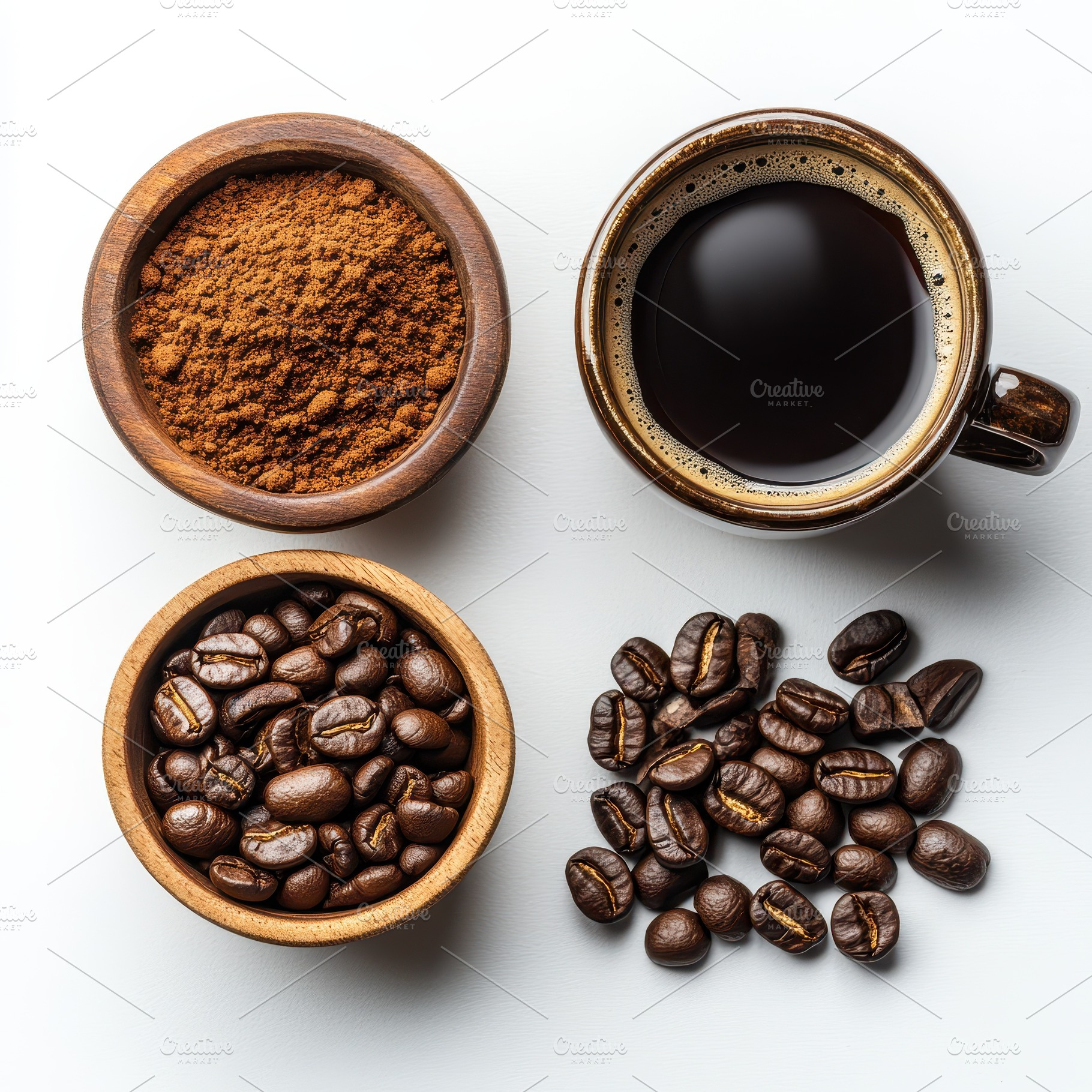 Coffee beans ground coffee and a cup, a Food & Drink Photo by Pixeness Studio
