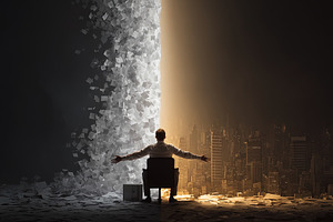A businessman sitting on a chair, arms wide, between a pile of p, an Abstract Photo by Ales Munt