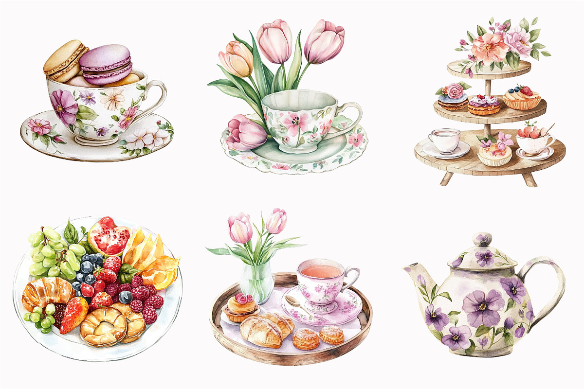 Watercolor Vintage Tulip Tea Time Cl, an Illustration by Design Market (Photo 4 of 4)