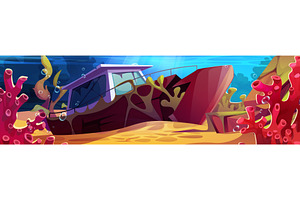 Cartoon underwater shipwreck scene, an Illustration by art PVP - market