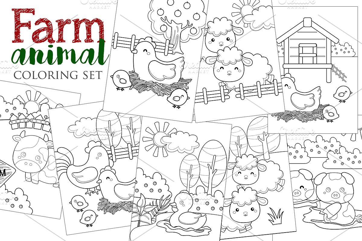 Cute Farm Animals Coloring Set, an Animal Illustration by Peekadillie Art (Photo 1 of 3)