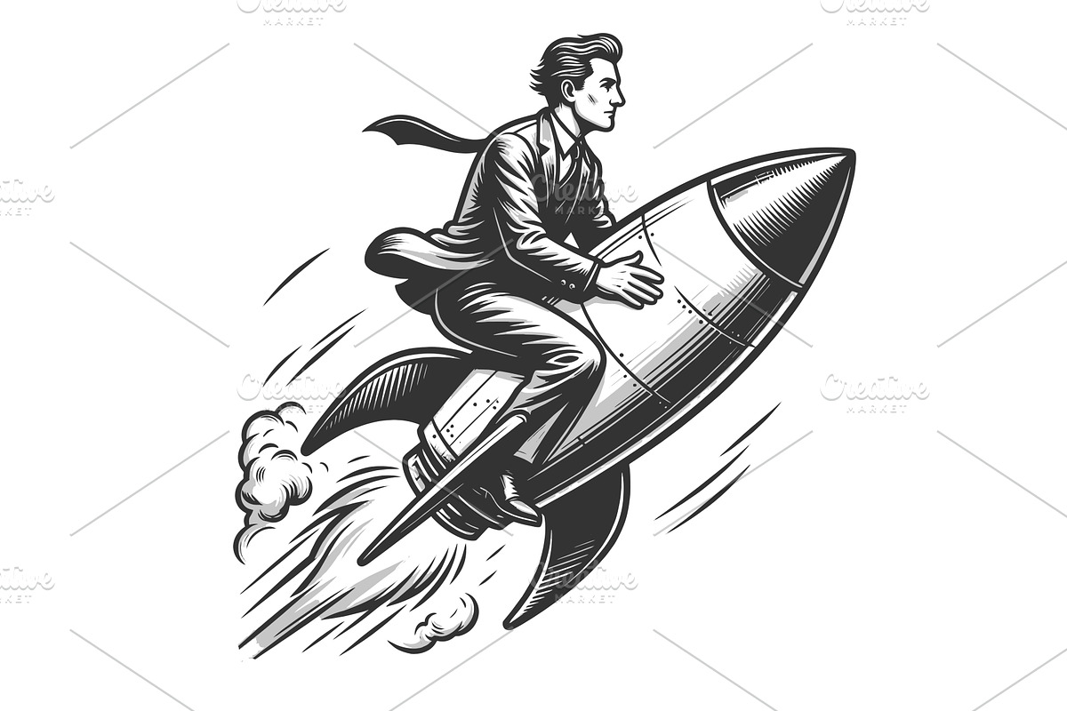 Businessman Riding Rocket Growth, a Person Illustration by AlexArt