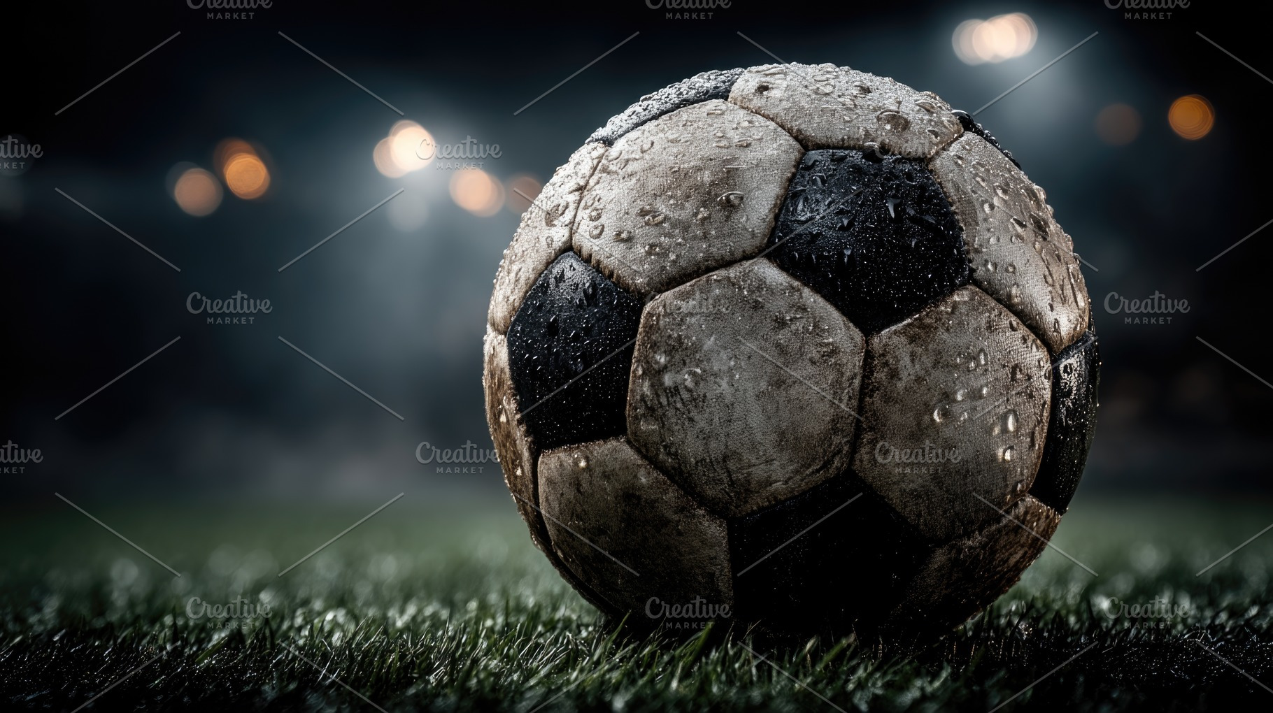 Old Wet Soccer Ball on Grass Under Stadium Lights at Night, a Sports & Recreation Photo by José Manuel Gelpi