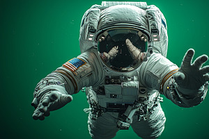 Astronaut in detailed space suit reaching out, floating against a green backdro, an Illustration by AS photostudio