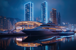 Luxury yacht docked at a city marina, a Photo by Beautiful things
