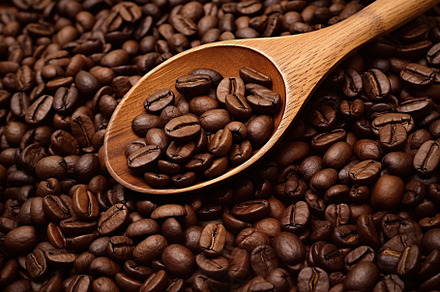 Coffee beans with wooden spoon. Generative AI, a Food & Drink Photo by AlyaAnd