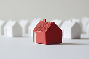 Bold Red House Stands Out Among Minimalist White Models, an Abstract Photo by Natalia Klenova's Shop