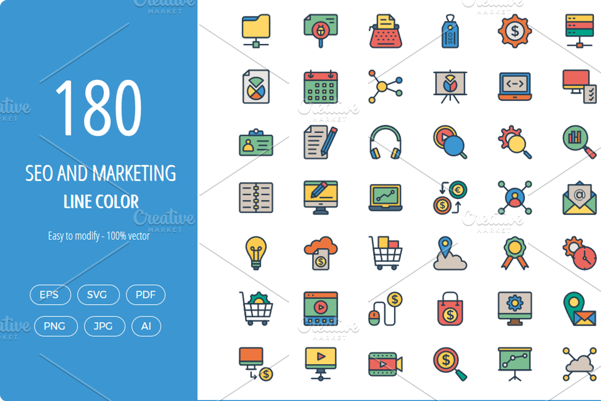 180+ SEO & Marketing line color icon, an Icon by Dinosoftlabs (Photo 1 of 2)