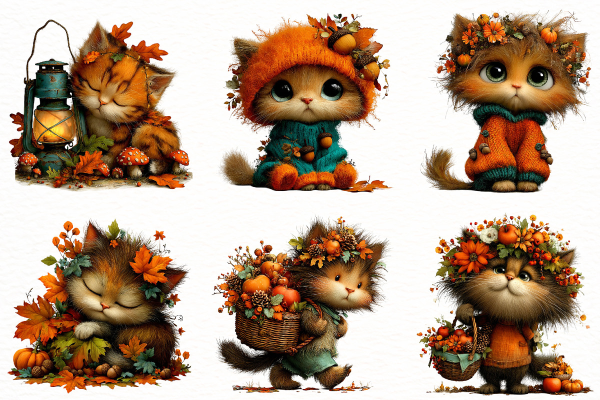 Whimsical Autumn Fall Cat Clipart, a Seasonal Illustration by Designworld (Photo 2 of 8)