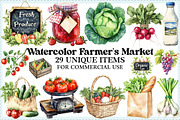 Watercolor Farmer's Market Clipart, an Illustration by Craft Nest (Thumbnail 1 of 9)