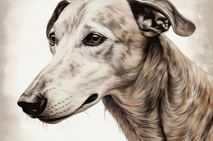 Illustration of a drawing of a greyhound in light gray and beige tones, hand-pa, a Photo by José Manuel Gelpi