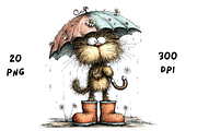 Whimsical Funny Rainy Cat Clipart, an Animal Illustration by GiraffeCreative (Thumbnail 9 of 20)