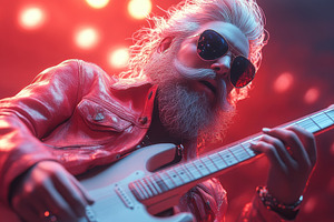 Rock musician performs on stage with, a Photo by Tanuart