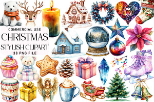 Stylish Watercolor Christmas Clipart, an Illustration by Daily.Designs