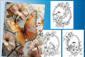 Birds and Flowers Coloring Pages, an Education Illustration by Printable Design Store