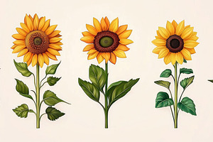 Five illustrated sunflowers with varied petal shapes and leaf st, a Nature Photo by José Manuel Gelpi