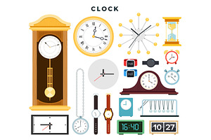 Different old and modern clocks and