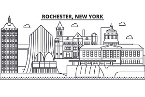 Rochester, New York Architecture Line Skyline Illustration. Linear Vector Cityscape With Famous Landmarks, City Sights, Design Icons. Landscape Wtih E