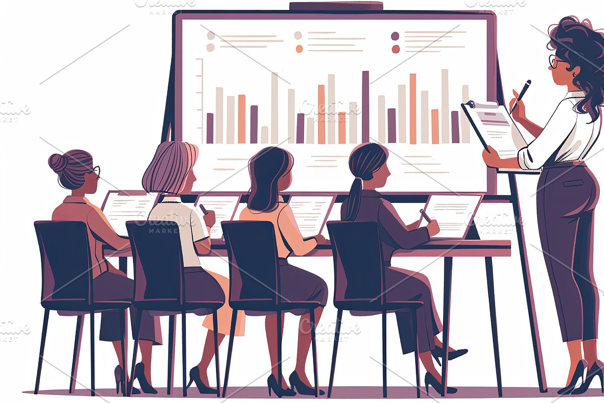 Business training session with diverse group analyzing charts and presentations, an Illustration by AS photostudio