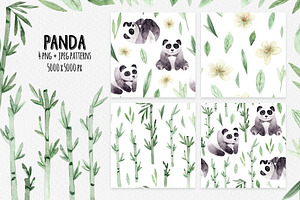 Watercolor Panda. Patterns, Cliparts